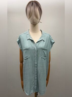 Jachs Girlfriend Green Stripe Cap Sleeve Button Front Blouse Rayon Size L